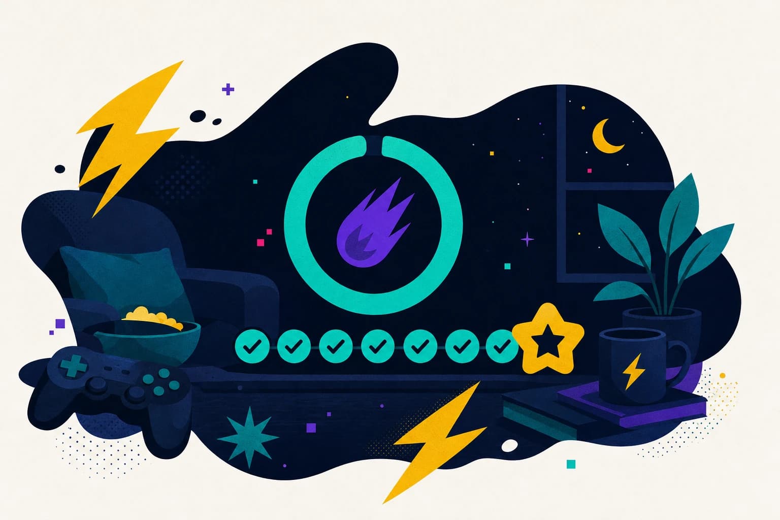 A game session with a seven-day check-in row, streak ring, star badge, and controller