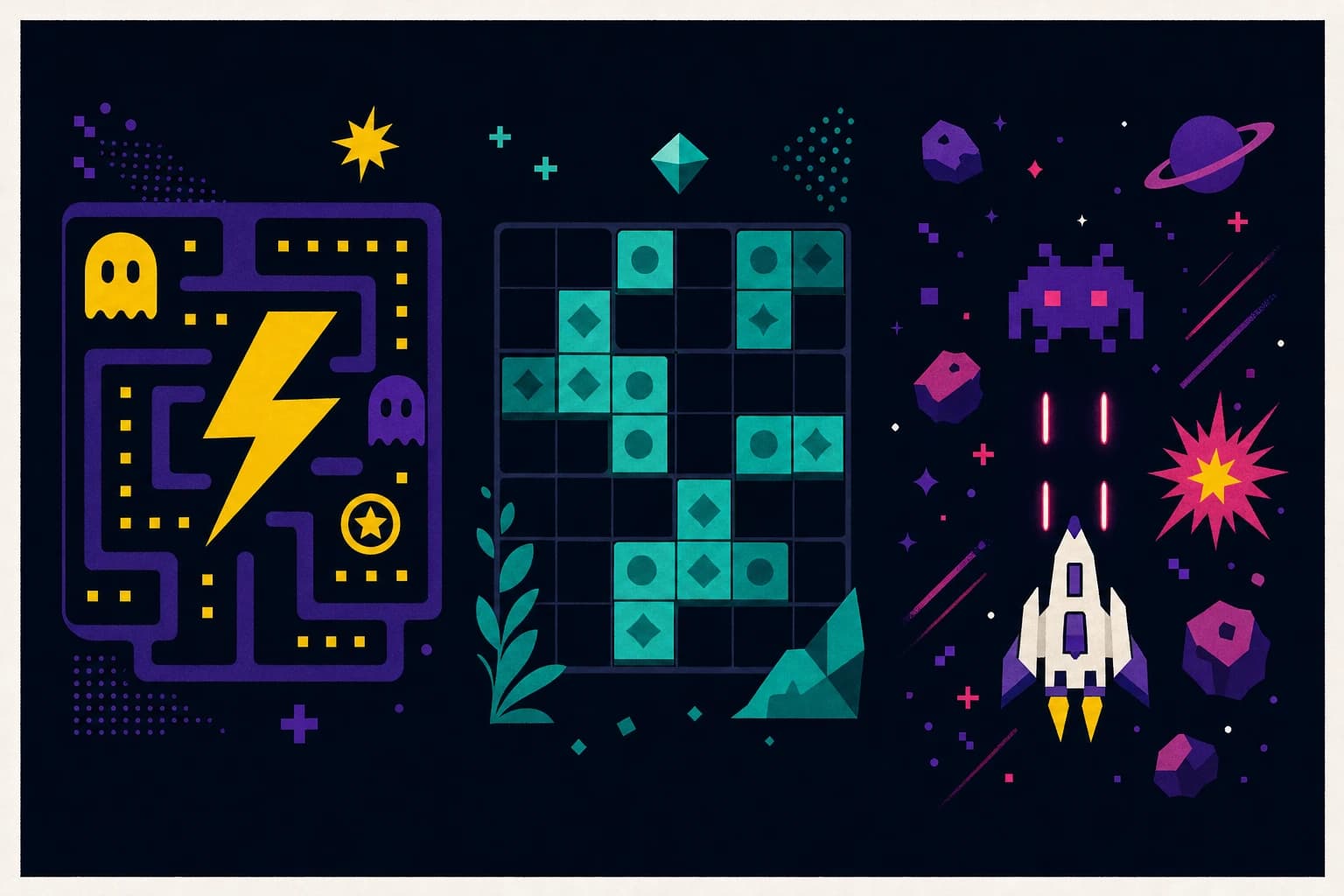 Three game scenes: a maze, a tile puzzle, and a space arcade challenge