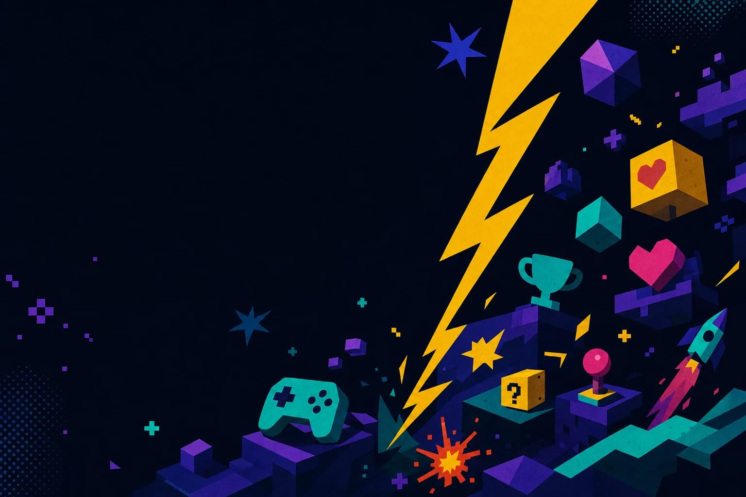 A colorful arcade world with a lightning bolt, controller, trophy, and game pieces